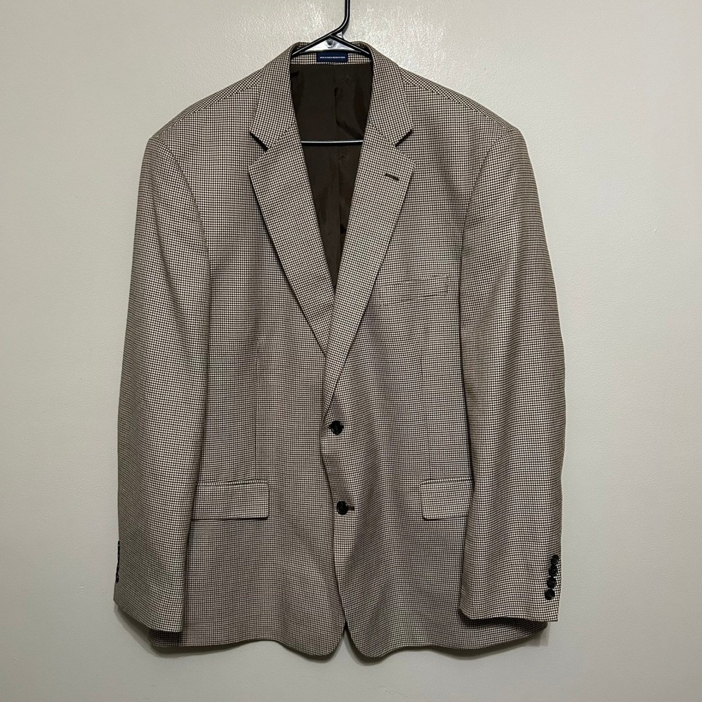 Stafford Essentials Mens Houndstooth Blazer Sport Coat Tan Brown 48L Classic Fit